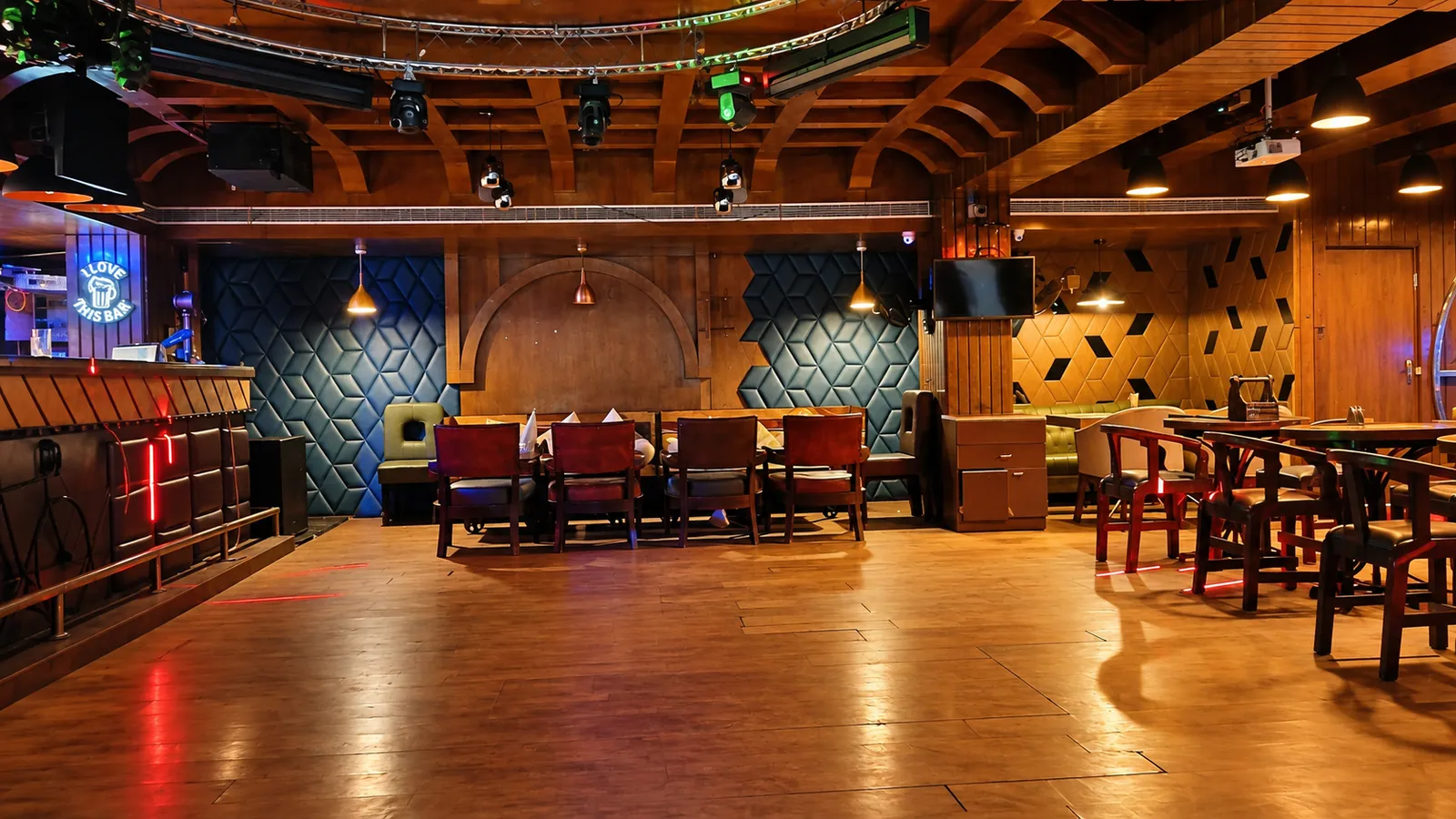 The BAR CODE lounge and dance floor in Civil Lines, Prayagraj, under warm pendant lights.